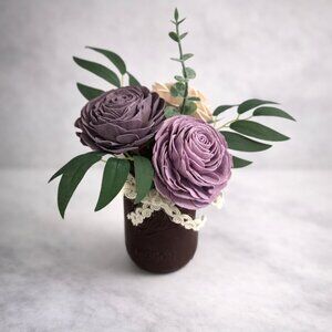 Cream and Purple Sola Wood Flower Arrangement in Burgundy Mason Jar, Home Decor